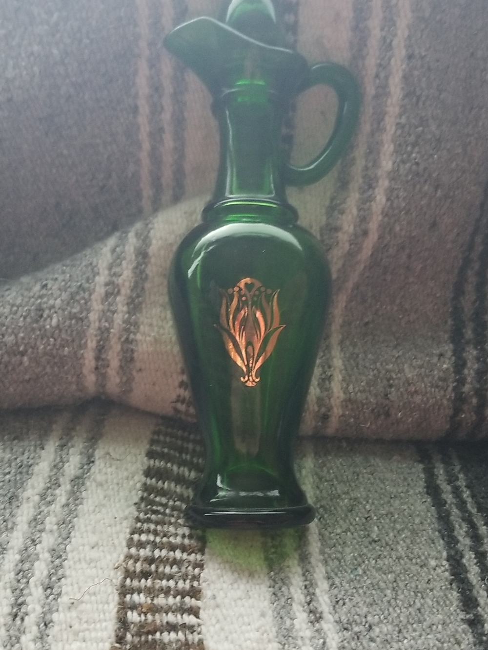 Avon Emerald Green Glass Pitcher with Gold Floral Emblem
